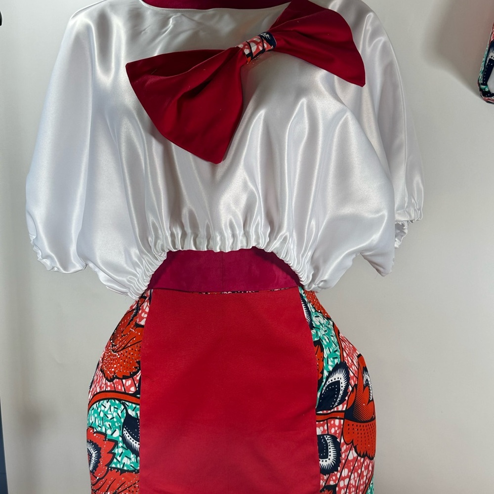 Elegant White and Red Dress with Bow